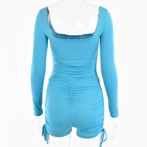 Detailed back view of light blue bodysuit with long sleeves and ruched drawstring texture