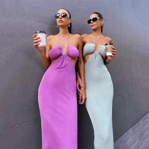 Robe Longue Femme Sexy Dos Nu Découpe Latérale Fente Haute Ajustée Robe de Soirée Été Plage Vacances