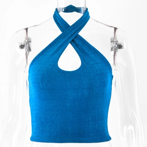 Detail of electric blue halter top with cross neck design and ribbed knit fabric texture