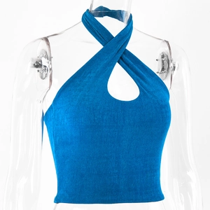 Close-up of royal blue halter neck top showing the ribbed texture and cutout detail
