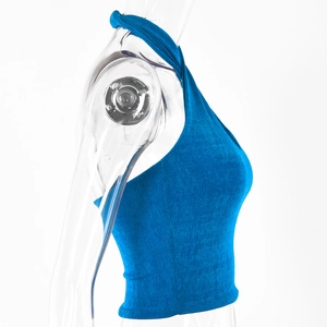 Close-up of blue ribbed halter top featuring a twisted knot detail and slim fit texture
