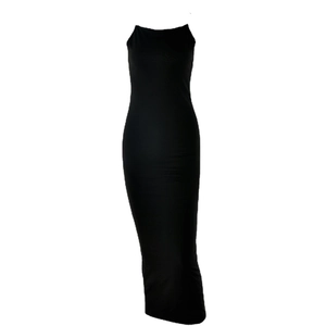 Slim fit black off-shoulder sleeveless dress with high slit design and elastic fabric