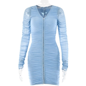 Light blue V-neck ruched mesh mini dress with long sleeves and hook-and-eye closure