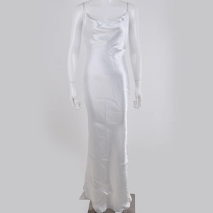 Detailed view of silver satin evening dress featuring a cowl neck and slim spaghetti straps