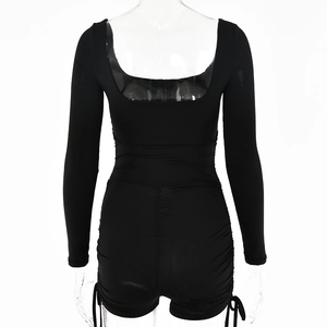 Detail of back square neck and side drawstring ruched on black long sleeve romper