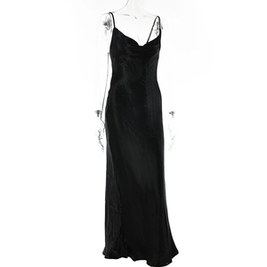 Front view of black satin cowl neck long dress with thin straps and glossy fabric