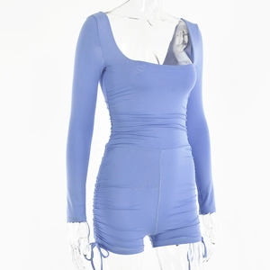 Detail of square neck long sleeve light blue romper with side ruched drawstring design