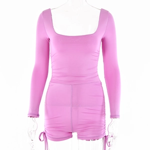 Detail of pink square neck long sleeve romper with side drawstring ruched design