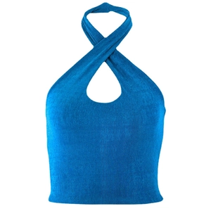 Women's bright blue halter top with cross neckline and keyhole cutout design