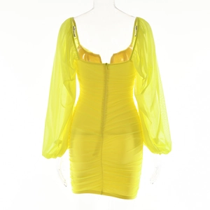 Detailed back view of a lemon yellow ruched mini dress with sheer lantern sleeves