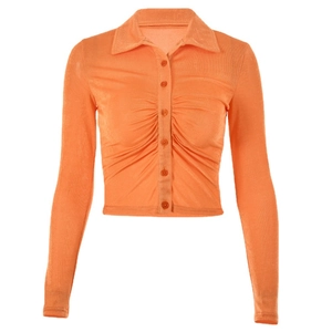 Vibrant orange long sleeve cropped polo shirt with front ruched detail and buttons