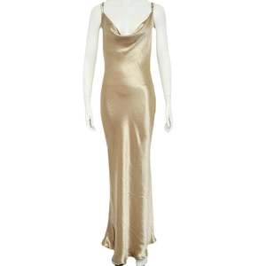 Sleek champagne gold satin slip dress with an elegant cowl neck and floor-length design