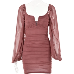 Slim fit V-neck ruched mini dress with lantern mesh sleeves in dusty pink color