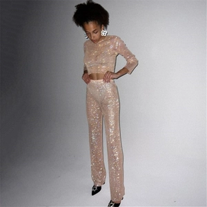 Femmes Sexy Strass Maille Jambe Large Pantalon Ajouré Paillettes Taille Haute Transparent Pantalon Droit Pour Party Clubwear