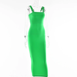Detail of lime green bodycon dress with rhinestone buckle on the shoulder strap