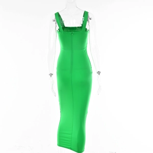 Detail view of grass green bodycon maxi dress featuring a back invisible zipper closure