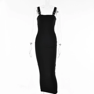 Detail showing silver rhinestone square buckles on black midi dress shoulder straps