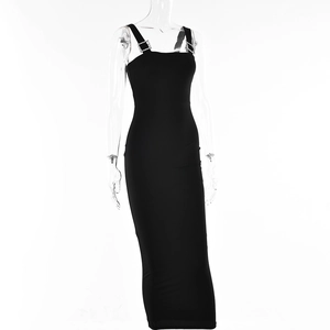 Detail of black slim fit maxi dress with elegant silver rhinestone buckles on thin straps