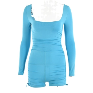 Sexy bright blue square neck long sleeve romper with ruched side drawstring detail