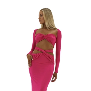 Set 3 pezzi fucsia con top a fascia, bolero a maniche lunghe e gonna lunga aderente sexy