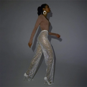 Pantalon en maille à strass brillants pour femmes avec un design scintillant à taille haute