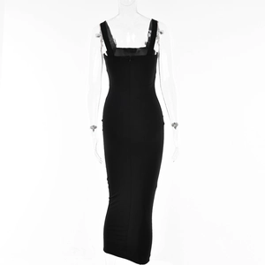 Detail view showing the sleek back invisible zipper on a slim fit black sleeveless dress