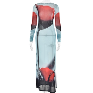 Détail de la robe en tulle transparent bleu avec imprimé floral et fente latérale chic