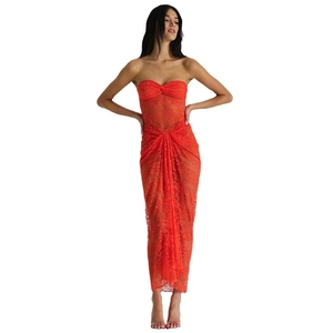 Vestido largo sexy naranja con retazos de malla, escote palabra de honor y encaje