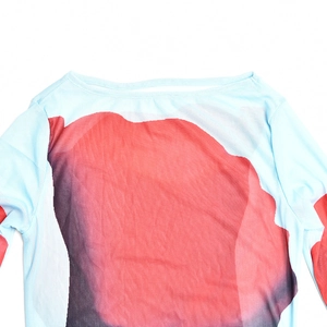 Détail du tissu en mesh transparent avec imprimé artistique bleu et rouge sur robe à manches longues