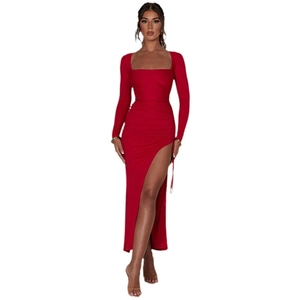 Red square neck maxi dress with side ruching, long sleeves and elegant high slit detail