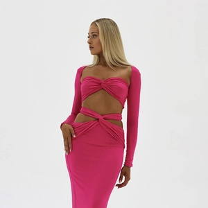 Sexy set due pezzi rosa rosa con top corto a maniche lunghe e gonna lunga a vita alta