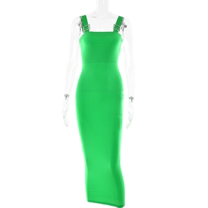 Elegant green bodycon maxi dress with sparkling rhinestone buckles on the wide shoulder straps