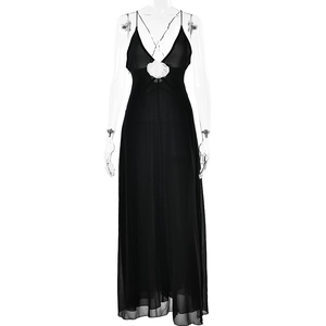 Detail of white 3D flower on sexy V-neck black chiffon maxi dress with thin straps