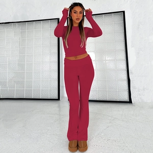 Detail shot of deep red high-waist flared pants and matching slim-fit cropped top