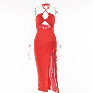 Detail of red halter neck dress featuring chest cutout and side drawstring ruched slit