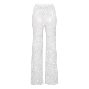 Pantalon large blanc élégant à paillettes avec taille haute pour des looks de fête