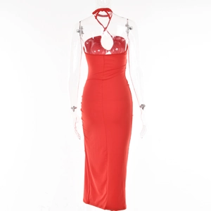 Detail view of red halter neck dress showing backless cut and side shirring details