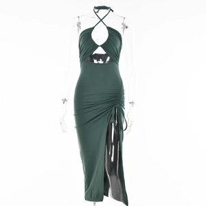 Detail of forest green halter neck dress with ruched drawstring and high side slit