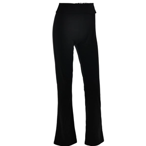 Detail view of high waisted black flare yoga pants with elastic waistband and smooth fabric