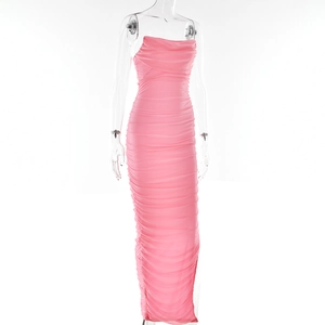 Detail of ruched pink bodycon maxi dress showing textured fabric and slim fit design