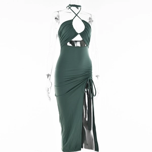 Detail of a dark green halter dress with hollow bust and adjustable drawstring side slit