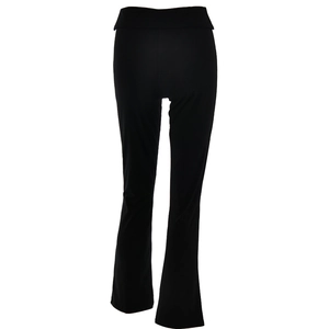 Detail of high-waisted yoga pants with fold-over waistband and slim flare design