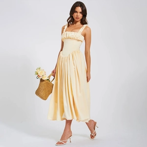 Women Sexy Backless Satin Maxi Dress Square Neck Ruffle Straps Pleated High Waist Elegant Evening Party Vacation Dress