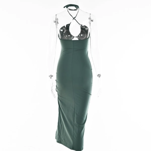 Detailed back view of a dark green halter neck bodycon dress with high slit and open back