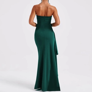 Elegant emerald green off-the-shoulder evening gown with thigh-high slit and satin finish