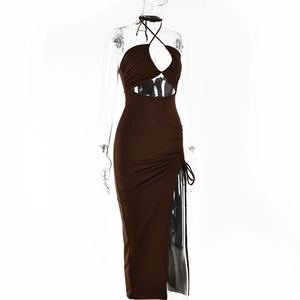 Detailed view of coffee brown halter neck maxi dress with side slit and drawstring ruching