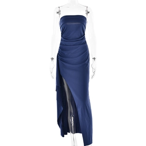 Elegant navy blue off-shoulder evening dress with pleated waist and high side slit detail