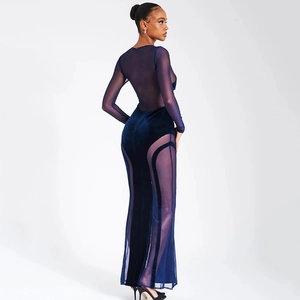 Robe longue sexy en velours bleu marine avec empiècements en tulle et dos ouvert