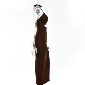 Detail of side waist cutout and ruched drawstring on a brown halter neck dress