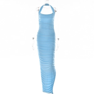 Detail of light blue bodycon maxi dress featuring ruching and halter neckline texture